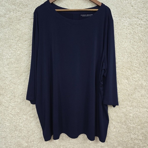 Susan Graver Top Women 4X Tunic Blue Liquid‎ Knit 3/4 Sleeve Mature Career - Picture 1 of 11